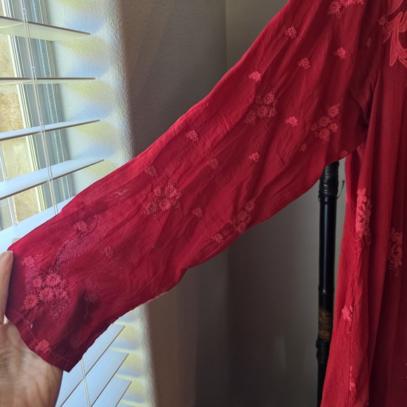 Johnny Was Red Embroidered Midi Dress. 39" long, chest is 22". - Picture 10 of 13